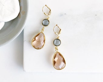 Wedding Bridesmaid Earrings. Bridesmaid Gift. Wedding Jewelry. Bridal Champagne Charcoal Dangle Earrings. Bridesmaid Earrings Jewelry Gold.
