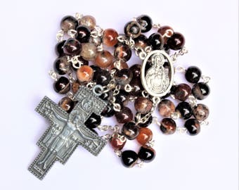 Brown/Black Jasper Bead Rosary with San Damiano Crucifix (#170703)