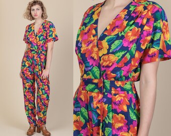 80s Bright Floral Jumpsuit - Medium | Vintage Short Sleeve Grunge V Neck Pantsuit