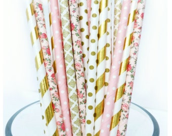 Floral Paper Straws, Pink and Gold Baby Shower, Gold and Pink Party Decor, Flower Party Decor, Bridal Shower Decorations, Rustic Wedding