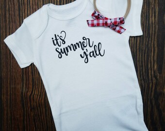 It's summer y'all onesie with picnic ants handtied bow nylon headband baby girl