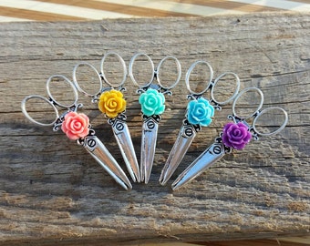 Silver Scissor Charm with Mint Rose Accent / Hair Stylist Seamstress Hair Apron Pin / Pink Rose / Personalized Color Hair Stylist Apron Clip