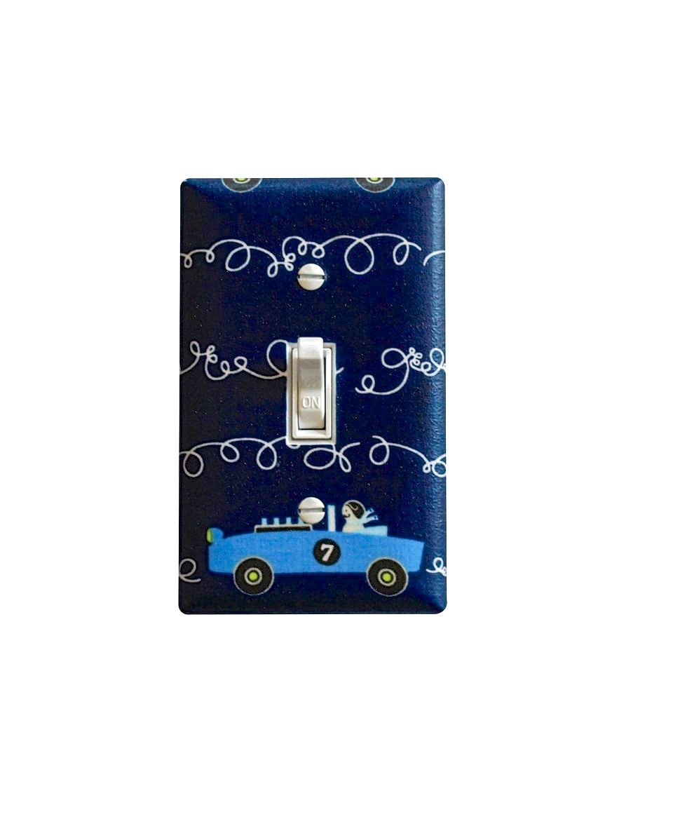 Navy Blue Race Car Light Switch Plate Cover / Boys Room Baby