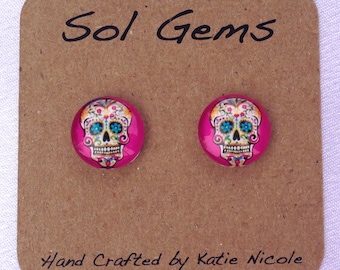 Pink Sugar Skull Earrings - Day of the Dead Earrings - Dia De Los Muertos Earrings - Jewelry