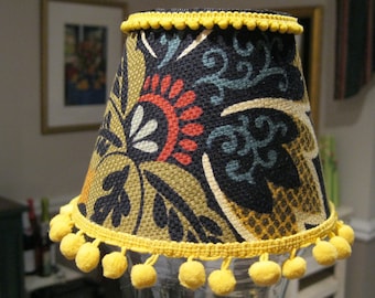 Chandelier Lamp Shade in Aztec Floral Pattern trimmed In Pom Pom