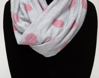 Infinity Scarf (THIN) - Pink Hearts On Heathered Gray