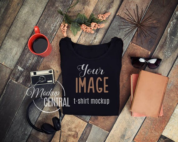 Download Blank Black Top View T-Shirt Flat Lay Apparel Mockup Fashion