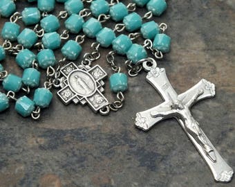 Czech Glass Cathedral Bead Rosary in Turquoise Accented with White, 5 Decade Rosary, Catholic Rosary, Miraculous Medal Rosary, Marian Rosary