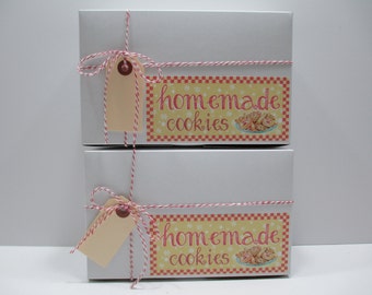 Cookie Box, 6 Homemade Cookie Boxes, Cookie Exchange Box Vintage Themed - White Bakery Boxes - 8" x 5" x 3" includes Twine and Tag