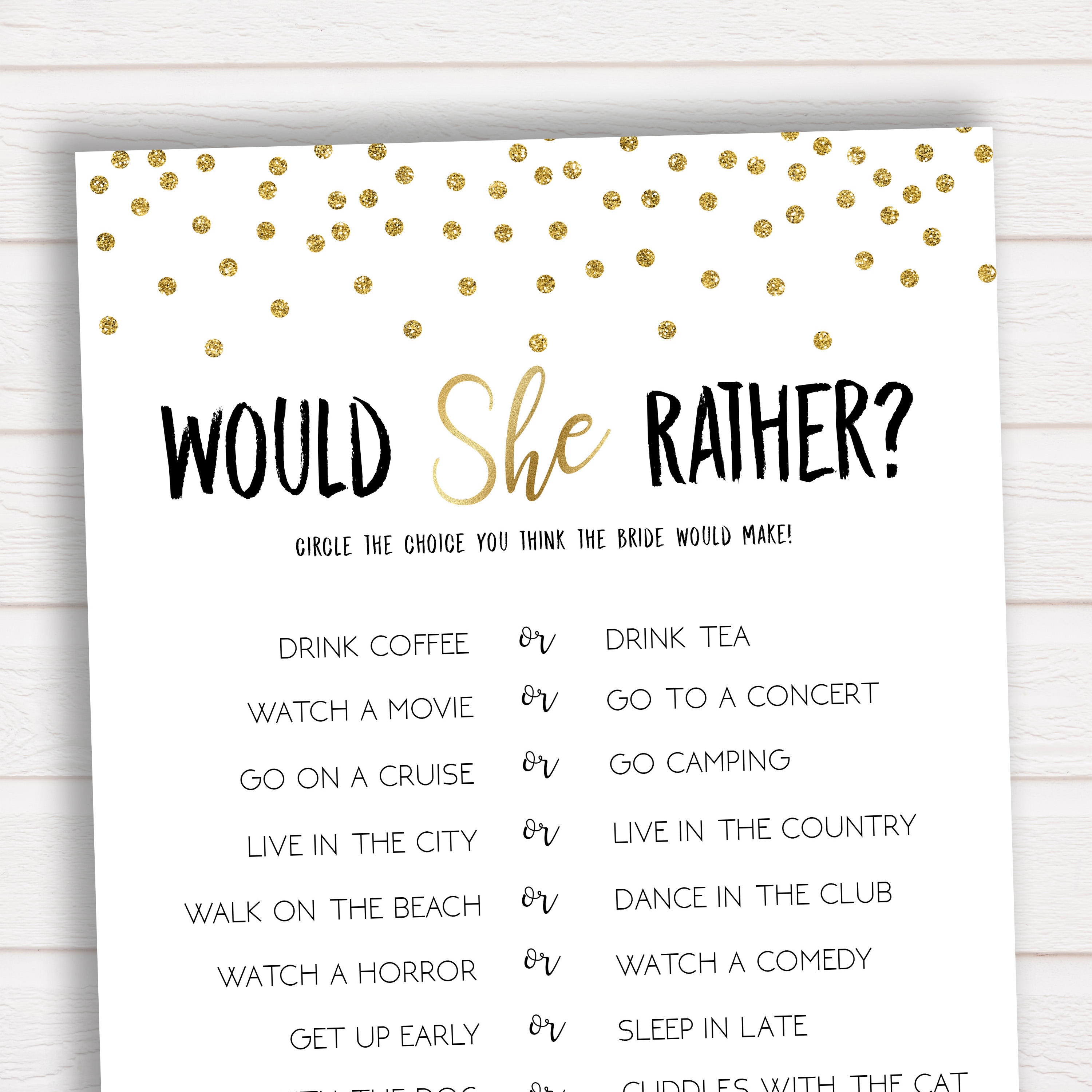 Would She Rather Bridal Shower Game Bridal Shower Game