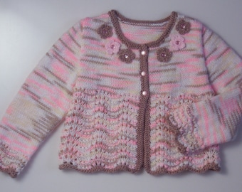 Baby Girl Pink Cardigan/Sweater ,flowers, lace,white,pink, brown.