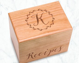 Engraved Recipe Box - Wooden Recipe Box - Wood Recipe Box - Engraved Wreath - Custom Housewarming Gift - Gift for Foodie - Wood Initial Box