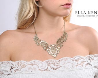 Gold Bib Necklace, Gold Statement Necklace, Gold Collar Necklace, Gold Wedding Statement Necklace, Gold Bridal Statement Necklace