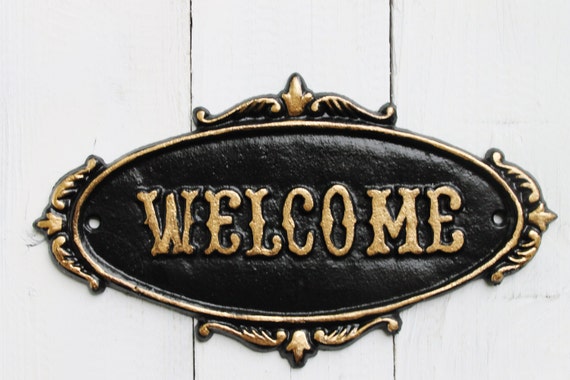 Jet Black WELCOME Sign Plaque-Rustic Cast Iron Old Jet Black WELCOME Sign Plaque-Rustic Cast Iron Old