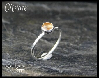 November birthstone ring - 5mm Yellow Citrine Skinny sterling silver ring, hammered, 1.2 mm ring. Skinny ring, thin ring, stacking ring.