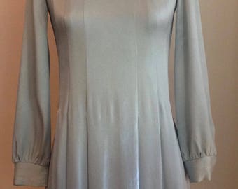 Vintage 1960's Glamorous Mod Silvery Blue Satin Micro Mini Dress with Bishop Sleeves/Twiggy