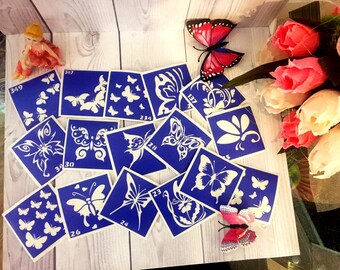Stencils for temporary tattoos. "Butterflies" set, 16 pieces. Glitter tattoo. Adhesive stencils.Body art tattoo /face painting stencils