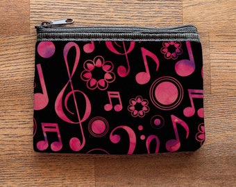 Music Notes and Clefs Neoprene Coin Purse or Zipper Pouch - Pink and Black