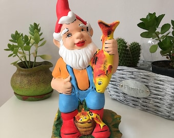 Ceramic Gnome Fisherman, Painted Garden Gnomes, Garden Statues, Outdoor Decorations, Home Decor, Dwarf Fisher, Gift for Moms, Art Gnomes