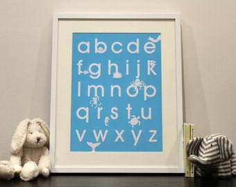 Alphabet A3 screenprint in blue or pink with cute animal characters – Limited edition