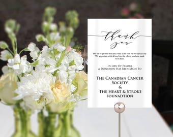Wedding In Lieu Of Favors sign template, small printable card for your wedding tables in 2 useful sizes, wedding favor donation sign