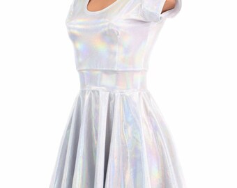 Flashbulb Holographic White Scoop Neck Cap Sleeve Fit and Flare Skater Skate Dress Rave Clubwear EDM -E7720