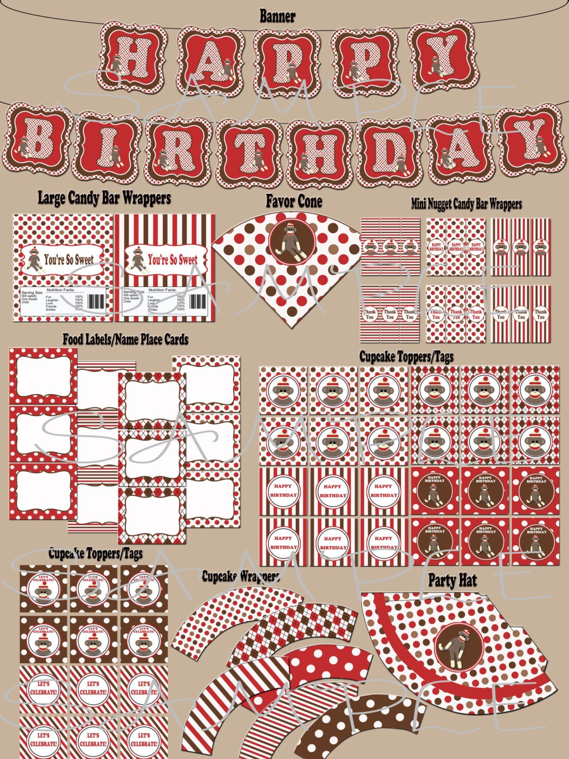 Sock Monkey Birthday Party Package Instant Download non