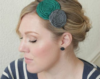 Handmade Flower Headband, Teal Hairband, Gray Headband for Women