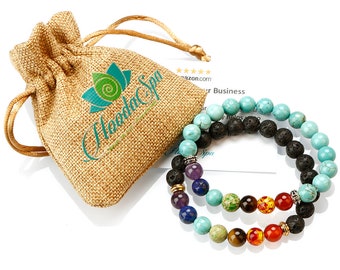 2 PACK CHAKRA BRACELETS - Lava Rock diffusible pores and 7 Chakras + Turquoise Stone adjustable Elastic String - Natural Real Beads/Stones