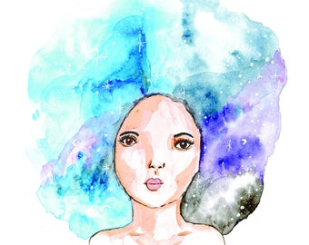 Girl with Galaxy Hair, Art Print, Wall Art, Home Decor, Gift Idea, Galaxy Art, Space, Quirky Art, Watercolour Portrait