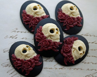 DAY of the DEAD Sugar Skull with Roses Cameo Cabs Cabochon Day of the Dead Dia de los Muertos Skull Black Ivory 40x30mm 5 PIECES