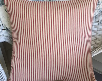 Red ticking pillow. Farmhouse pillow, Throw pillow cover. French country, shabby cottage chic, country cottage, Christmas pillow.