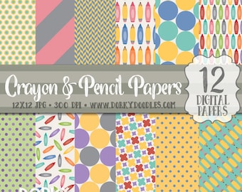 Back to School Papers, Cute Pencil and Crayon Digital Scrapbook Paper - School Paper Project Supplies