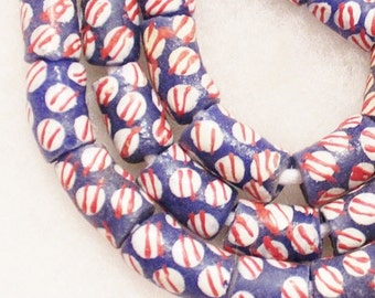 African Glass Beads Red, White Blue (11), Krobo Powder Glass Beads (B35)