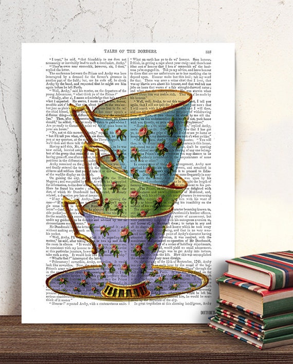 Three vintage teacups tea cup print kitchen print kitchen