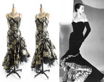 GLAMOROUS Vintage 80s Does 50s Dress // 1980s Prom Dress // 80s Prom Dress // Metallic Brocade Hi Lo Dress - sz M - 30" Waist
