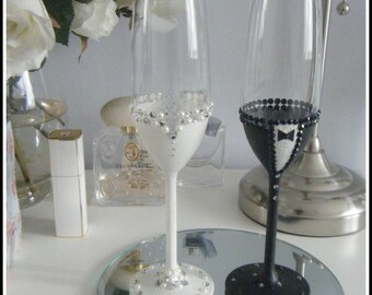 Bride and Groom Champagne flute set. Bespoke/Handmade/hand painted and decorated to order.