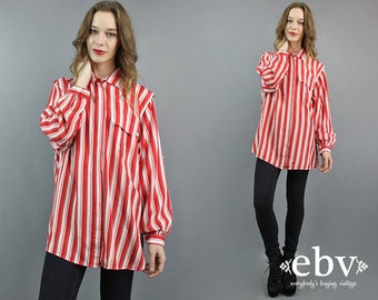 Oversized Blouse Red Striped Blouse Plus Size Blouse Button Up Blouse Longsleeve Blouse Secretary Blouse Striped Shirt Plus Size Vintage 2X