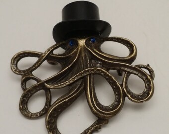 Steampunk Gentleman Octopus Pin - Antique Bronze or Antique Silver Options