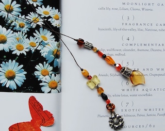 Sunflower Butterfly Lampwork Leaf Beaded Bookmark OOAK - Orange, Black, Yellow, Silver, Amber - Lampwork Leaf
