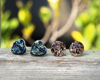 2 Pair Set Glitter Stud Earrings, Hearts in Blue-Green-Black multi, Faceted Leopard Glitter Crystals, Stainless Steel Posts