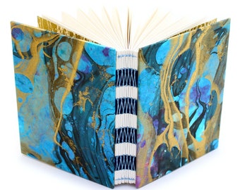 Marbled Journal gold/blue/magenta/aqua - French Link - 144 unlined pages - Handmade by Ruth Bleakley - each book has unique cover pattern
