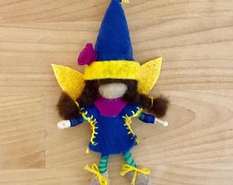 Blue and Yellow Felt Fairy Bendy Doll, Small Felt Fairy, Dollhouse Fairy, OOAK, Handmade, Waldorf fairy, Wee Folk, Woodland Fairy, Elf