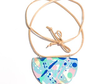 Jackson Pollock Inspired Paint Splattered Multicolour Paste Blue Necklace