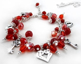 Red charm bracelet, red bracelet, valentines bracelet, birthstone bracelet, crystal jewelry, heart bracelet, love bracelet, Valentines gift