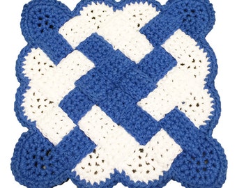 Blue & White Potholder, Kitchen Hot Pad, Crochet Woven Potholder, Crochet Hot Pad, Hotpad, Potholder