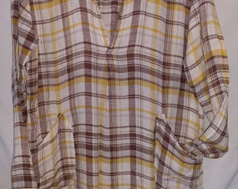 Vintage Linen Tunic CP SHADES size Small 100% Linen shirt dress w/ pockets Preppy white brown plaid with yellow Teton style