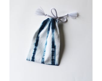 Drawstring bag, Indigo, Tie dye, Jewellery storage, Shibori, Organic, Blue, White, Bits and bobs, Pouch, Natural dye, Rectangle, Hair grips