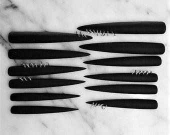 Heavy Metal Nailz, set of 12 super long matte black pierced stiletto nails