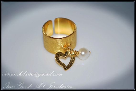 Chevalier Ring Heart with Pearl Sterling Silver Gold plated One Size Handmade Jewerly Fine Greek Art Valentine Gift Love Woman Anniversary